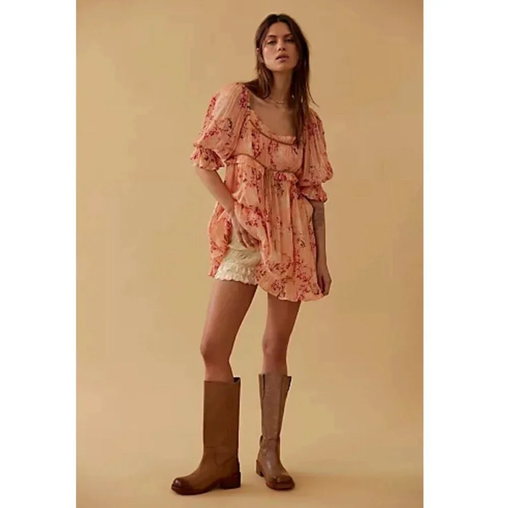 NEW Free People Marney Mini Dress Peach Combo Babydoll Puff Short Sleeve